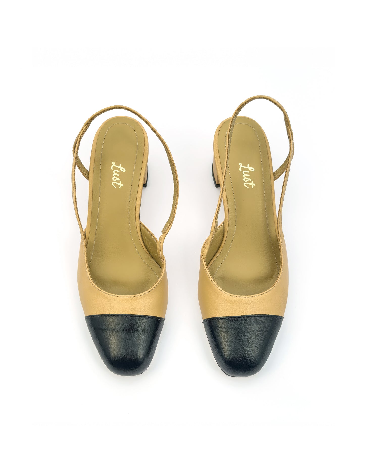 scarpin slingback couro nude/preto salto bloco 5cm