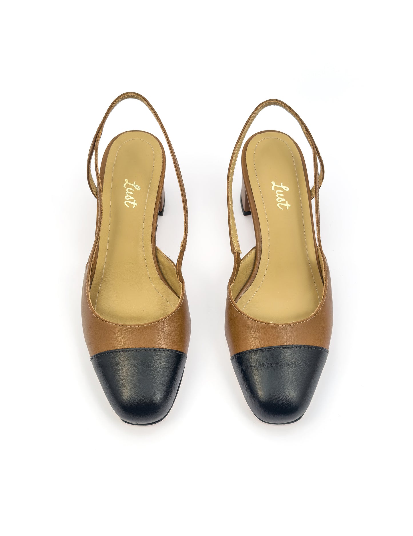 scarpin slingback couro caramelo/preto salto bloco 5cm