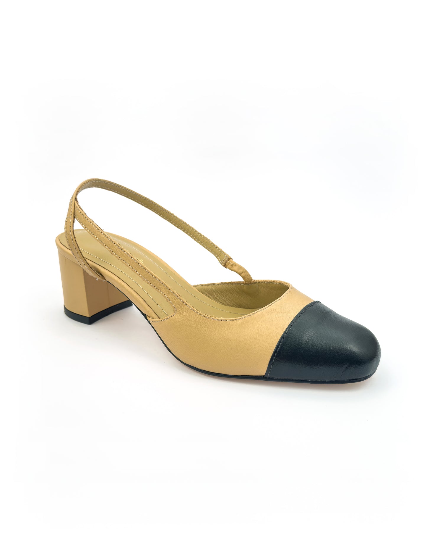 scarpin slingback couro nude/preto salto bloco 5cm