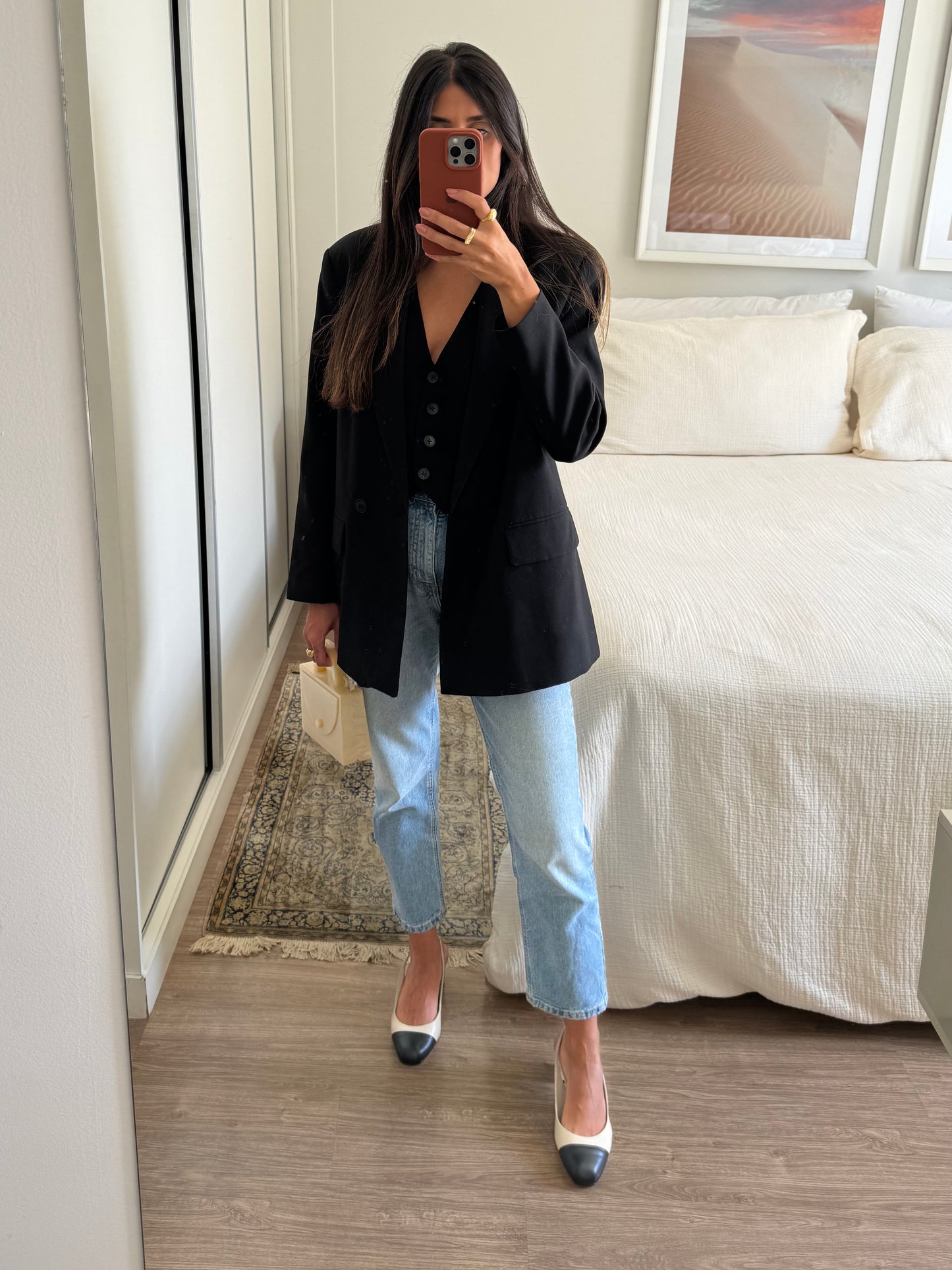 scarpin slingback couro bicolor salto bloco
