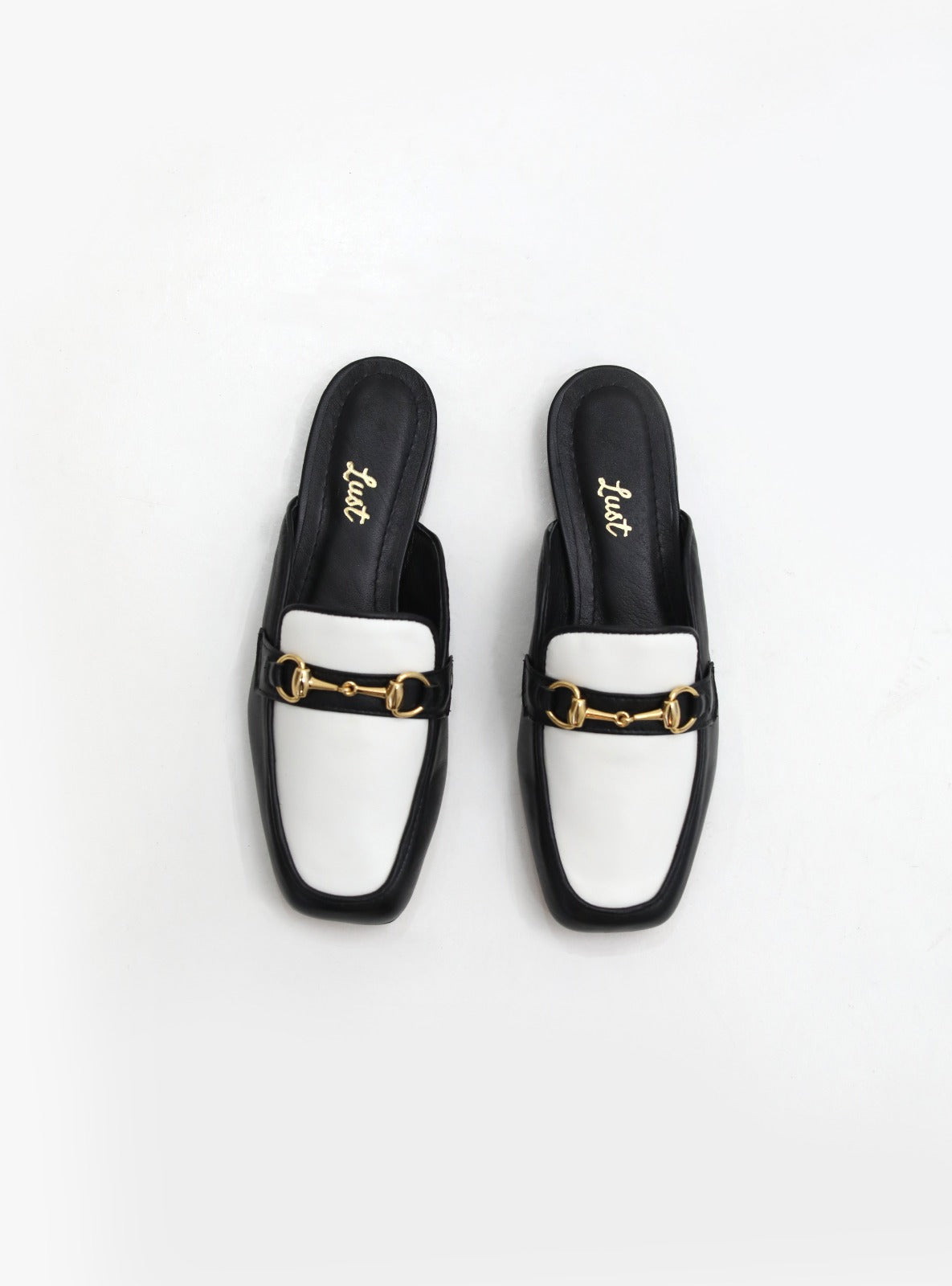 mule cecília bicolor couro preto/branco