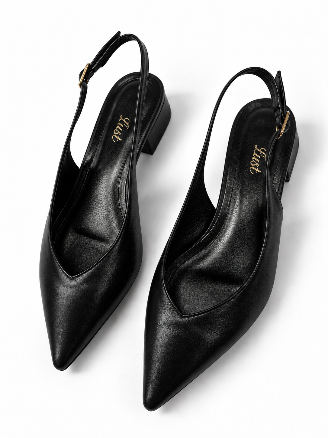 slingback bico fino salto bloco couro preto