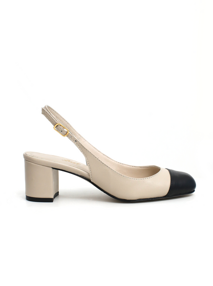 Scarpin Slingback couro Bicolor Salto Bloco