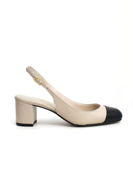 Scarpin Slingback couro Bicolor Salto Bloco