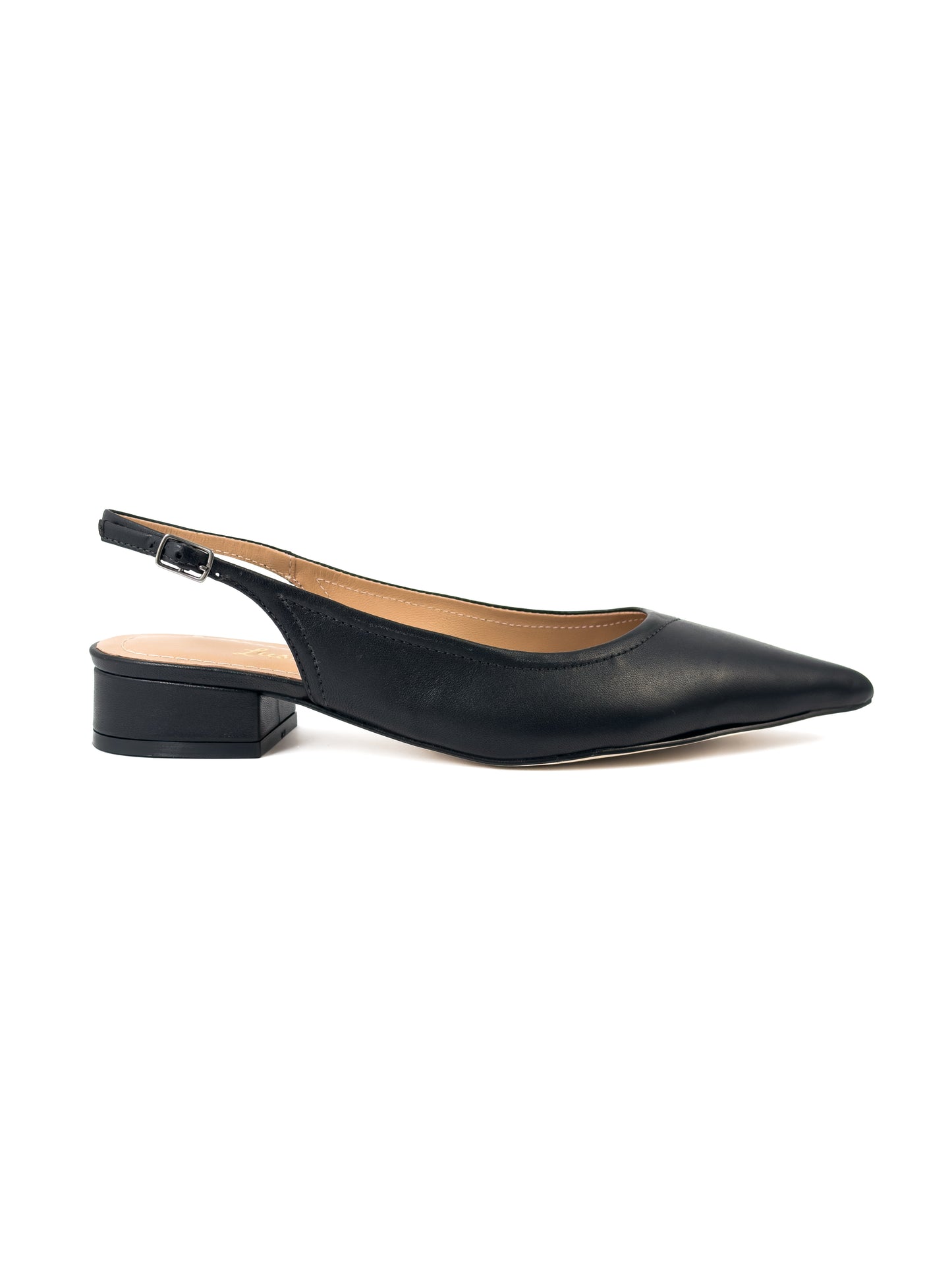 slingback bico fino salto bloco couro preto