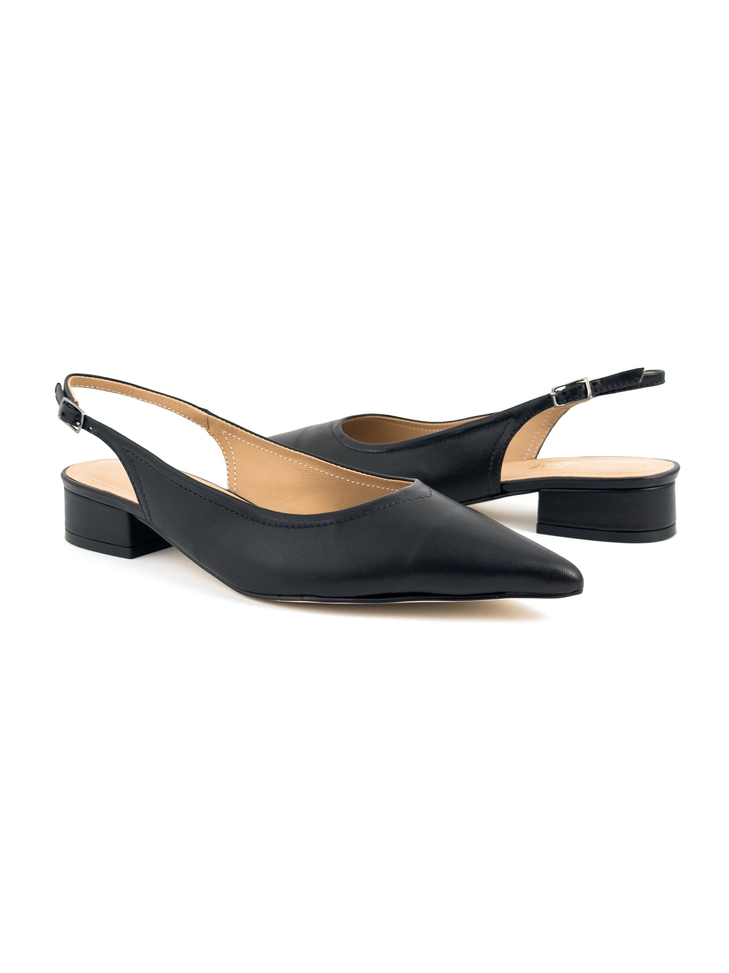 slingback bico fino salto bloco couro preto