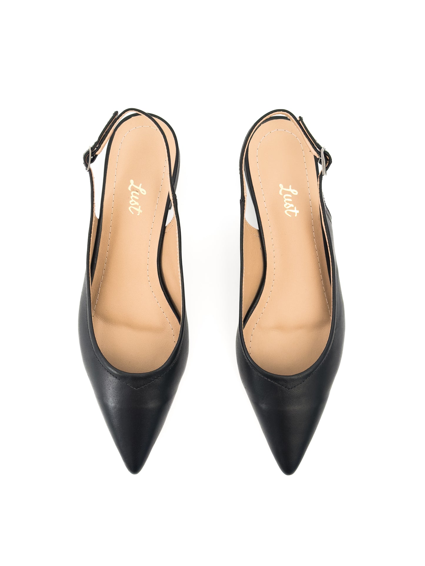 slingback bico fino salto bloco couro preto