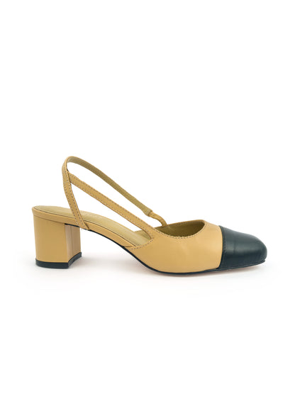 Scarpin slingback couro nude/preto salto bloco 5cm
