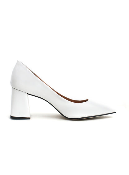 Scarpin Branco Couro Salto Bloco Bico Fino