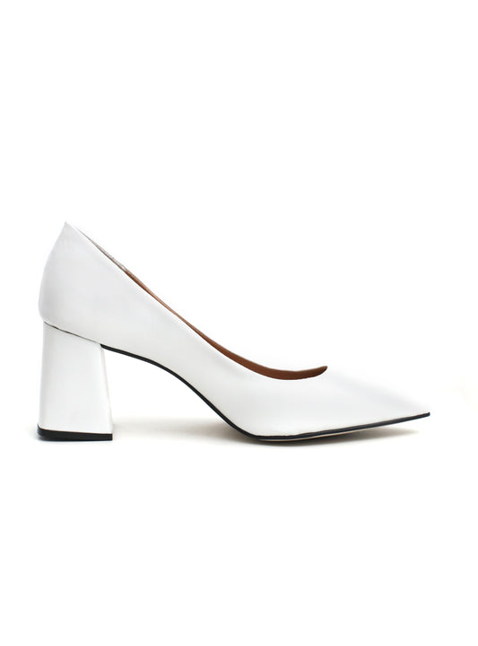 Scarpin Branco Couro Salto Bloco Bico Fino