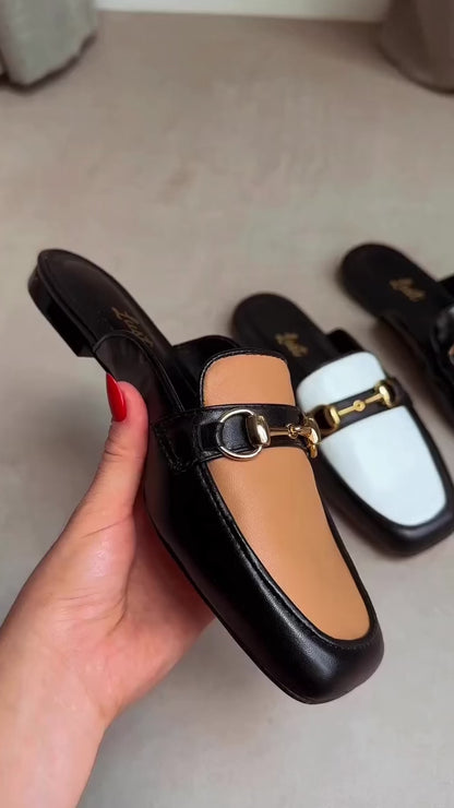 Mule Cecília Bicolor Couro Preto/Branco