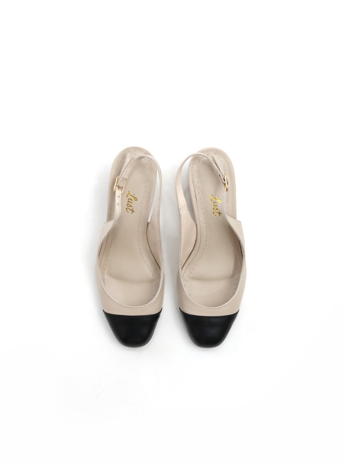 scarpin slingback couro bicolor salto bloco