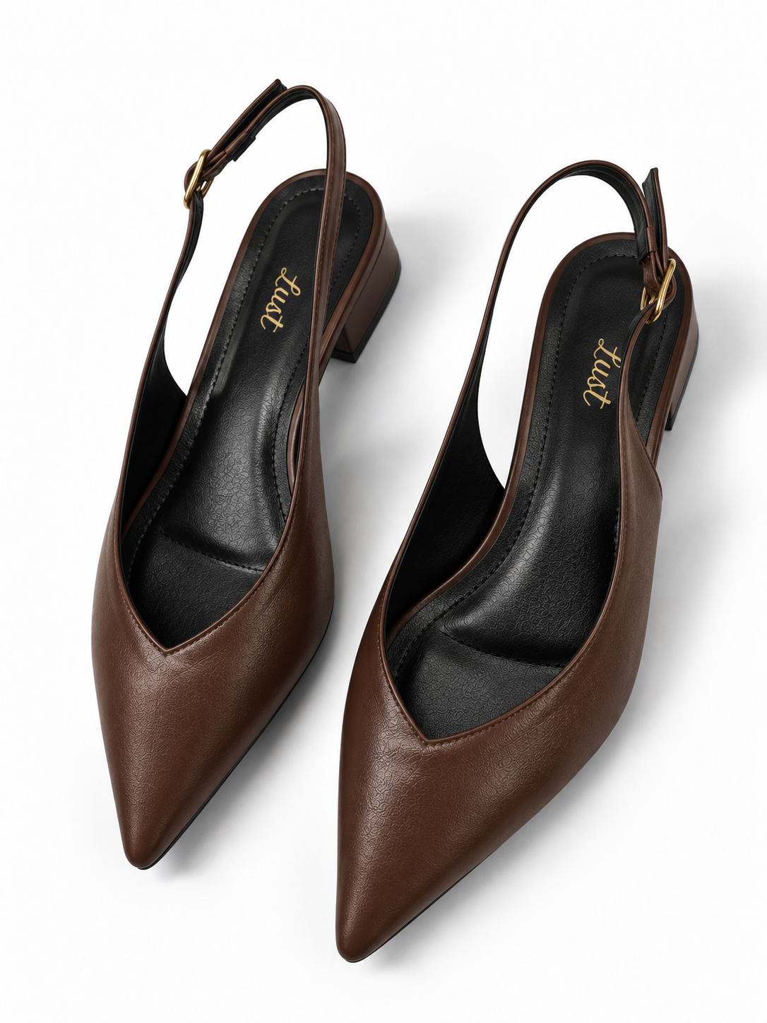 slingback bico fino salto bloco couro marrom