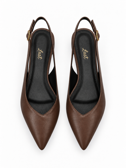 Slingback Bico Fino Salto bloco Couro Marrom