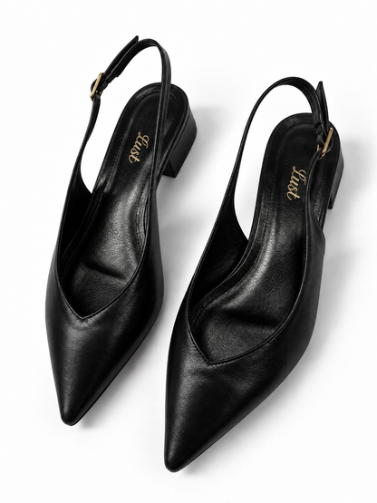 Slingback Bico Fino Salto bloco Couro Preto