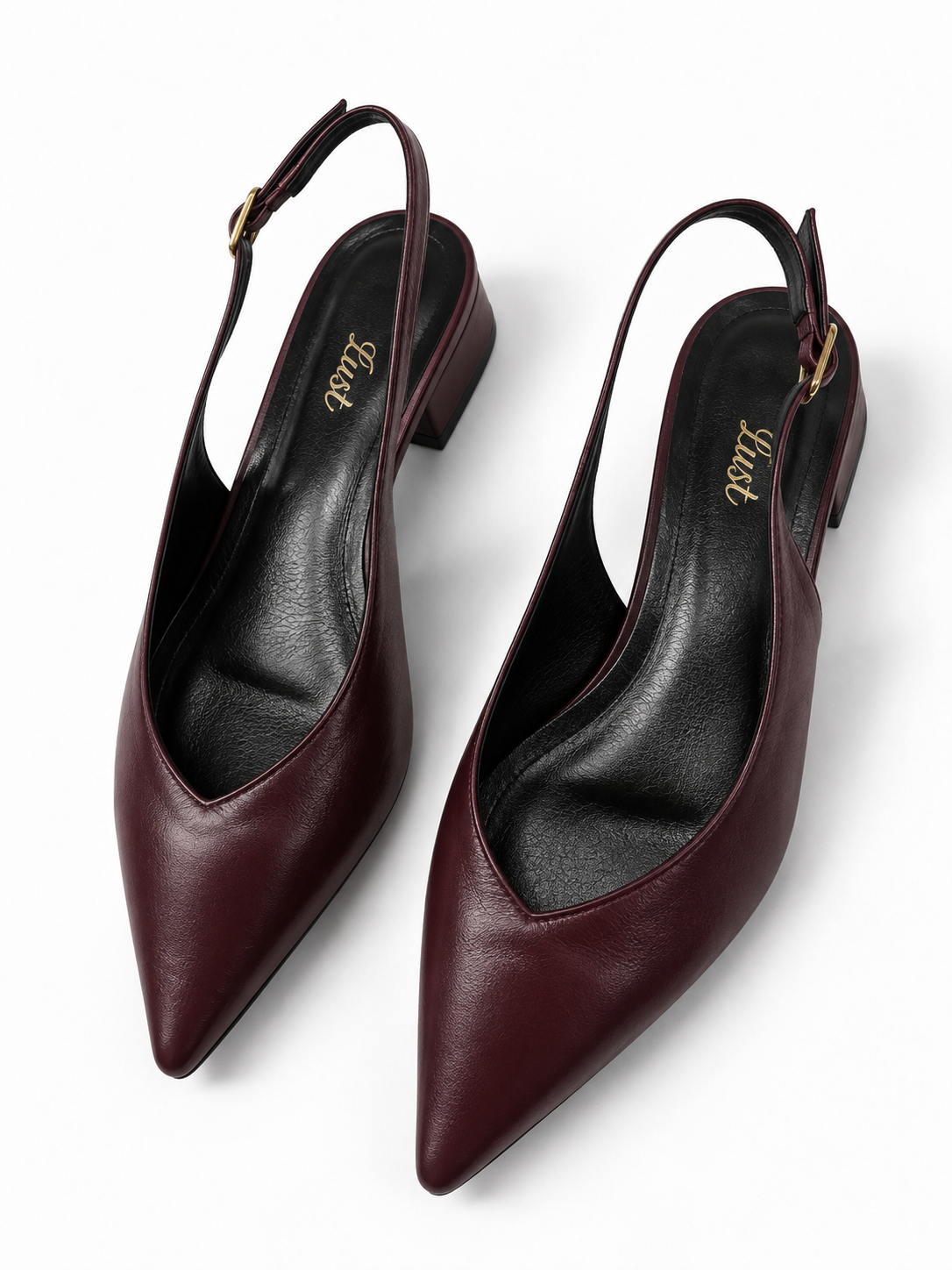 slingback bico fino salto bloco couro bordô