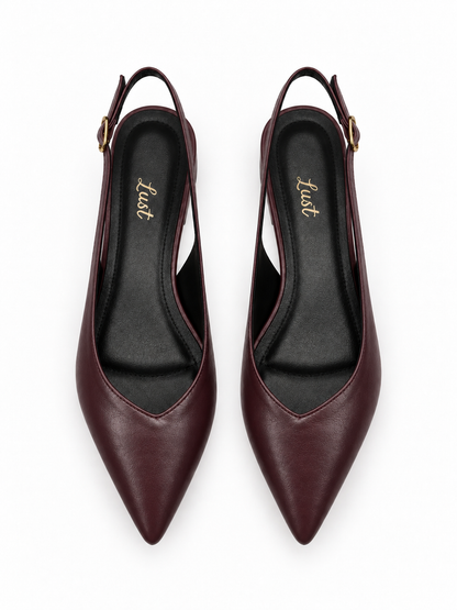 Slingback Bico Fino Salto bloco Couro Bordô