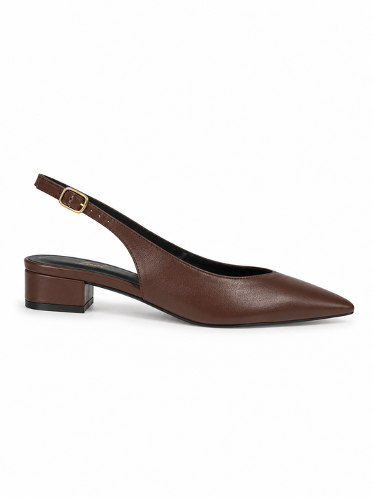 Slingback Bico Fino Salto bloco Couro Marrom