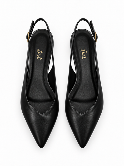 Slingback Bico Fino Salto bloco Couro Preto