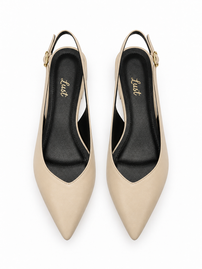 Slingback Bico Fino Salto bloco Couro Bege