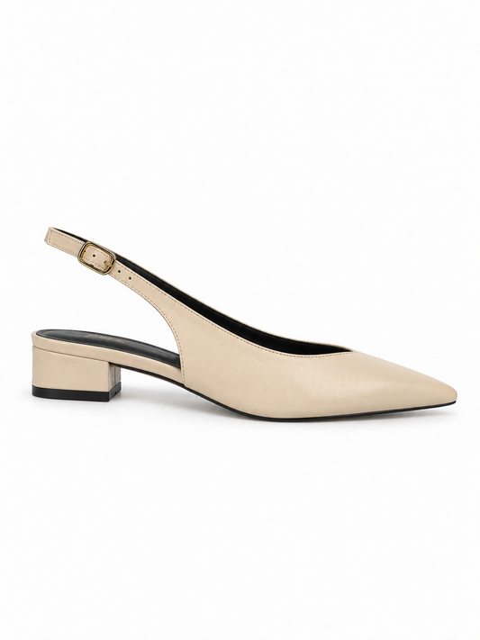 Slingback Bico Fino Salto bloco Couro Bege