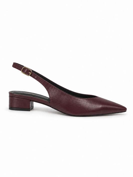 Slingback Bico Fino Salto bloco Couro Bordô