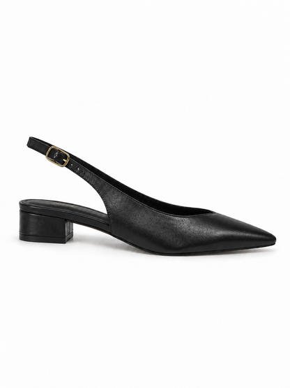 Slingback Bico Fino Salto bloco Couro Preto