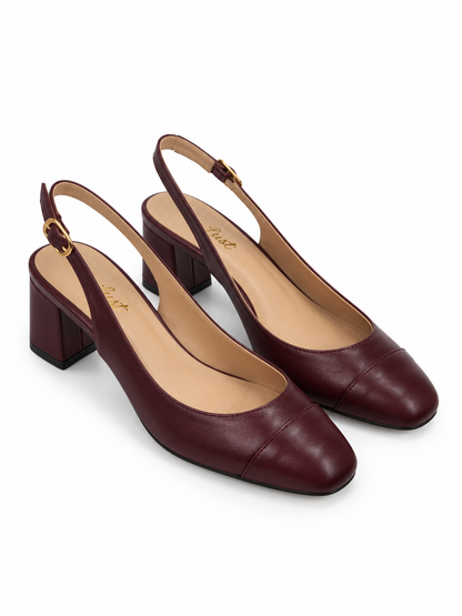 Scarpin Slingback salto bloco couro Bordô